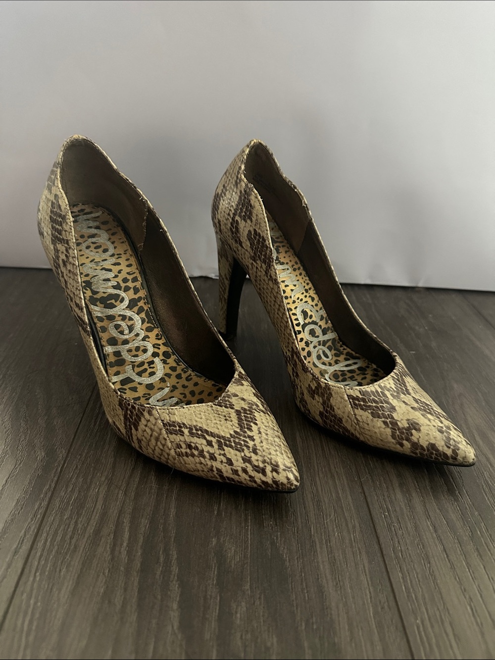 Sam Edelman Pointed Toe Snake-Print High Heels in Beige/Brown